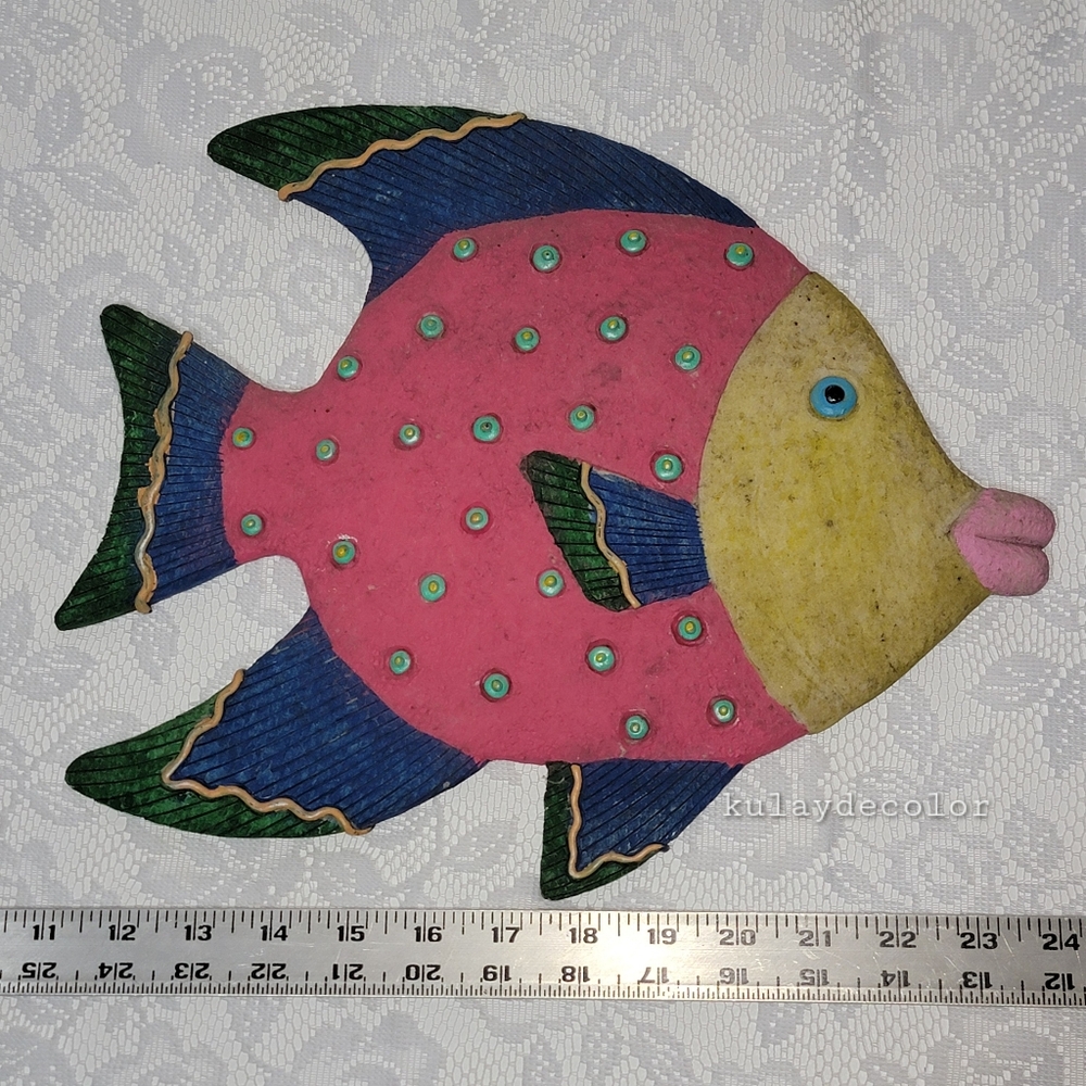 Vtg Handmade Wall Art Fish 13.2” x 11" Coastal Beach Nautical Decor Hand Painted